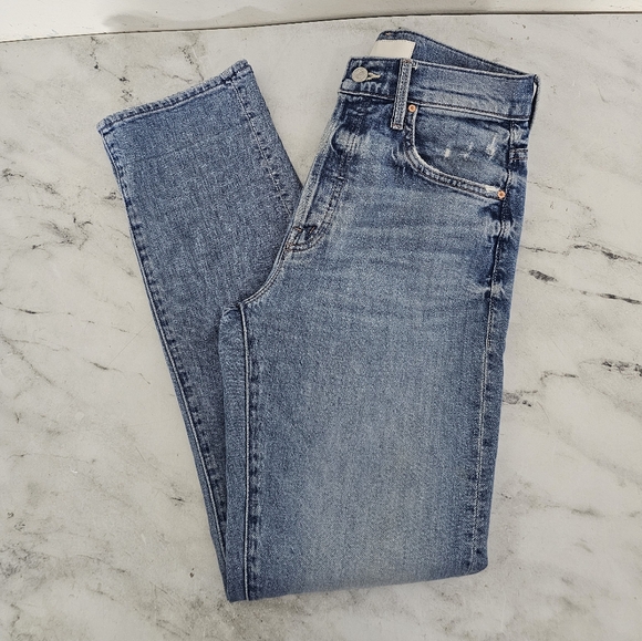 MOTHER High Waisted Hiker Hover High Rise Distressed Straight Leg Blue Jeans 25 - Picture 3 of 11